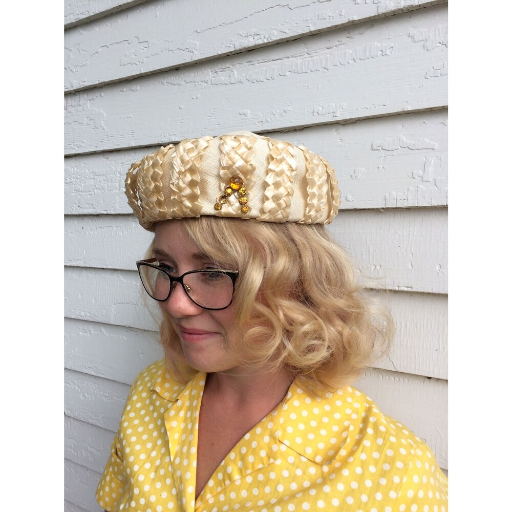Vintage Jeweled Hat Neutral Ivory Midcentury